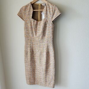 Grace Karin Tan and Cream Tweed Midi Dress Sz S NWT Cap Sleeve Pencil Dress NWT